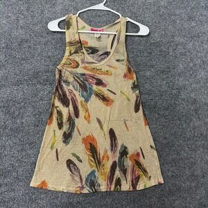 Love Stitch Tank Top Womens Size M Gold Metallic Feather Print Rhinestone USA